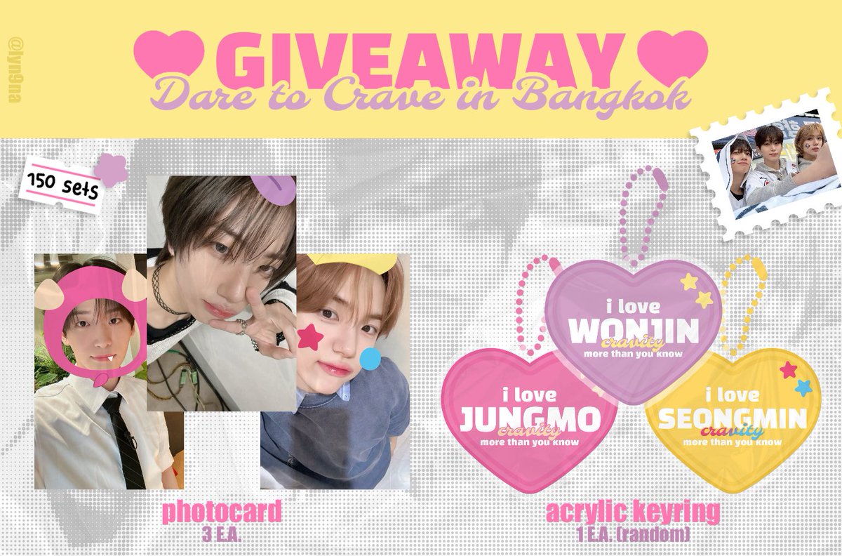 lyn9na's tweet photo. 🩷pls kindly rt,

giveaway for luvity
#CRAVITYFANCONinBKK
#CRAVITYDaretoCraveinBKK

date - 31 august, tba 🌟
location📍- mcc hall, the mall lifestore ngamwongwan

🍇—— rt & show this tweet
exchange dm

💬 150 sets :
— acrylic keyring 1 e.a. (random)
— photocard 3 e.a. (all)

มารับกันด้วยนะค��� กลัวไม่หมด🥺