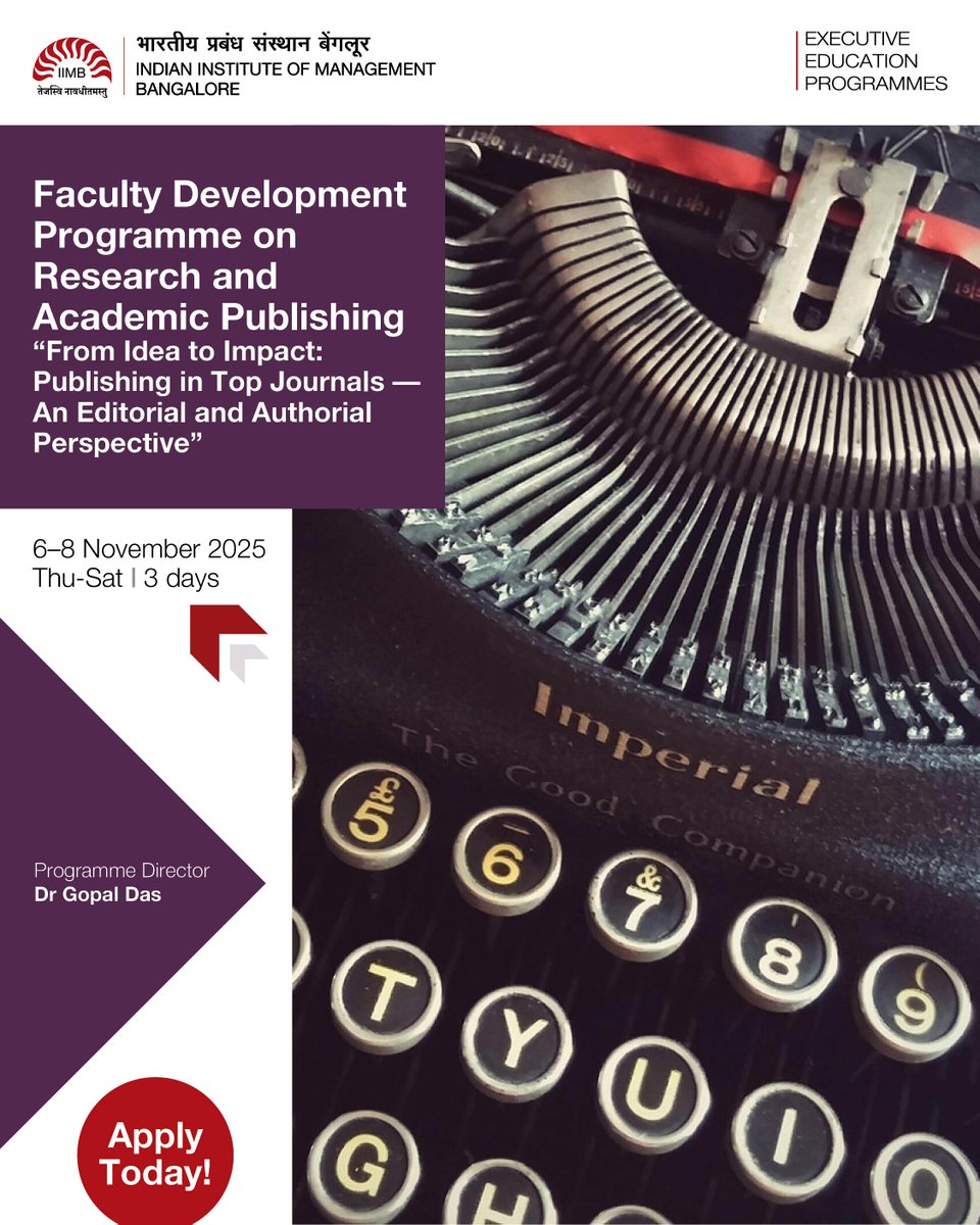 Executive Education, IIM Bangalore (@iimb_eep) on Twitter photo Publishing in FT50 journals demands a strategic approach along with novelty in ideas.
Join IIMB’s #ExecEd FDP to master idea generation, manuscript crafting & editorial navigation.
Learn more: eep.iimb.ac.in/course/faculty…
<a href="/iimb_official/">IIM Bangalore</a> #execed #research #publishing #journals #iimb Publishing in FT50 journals demands a strategic approach along with novelty in ideas.
Join IIMB’s #ExecEd FDP to master idea generation, manuscript crafting & editorial navigation.
Learn more: eep.iimb.ac.in/course/faculty…
<a href="/iimb_official/">IIM Bangalore</a> #execed #research #publishing #journals #iimb