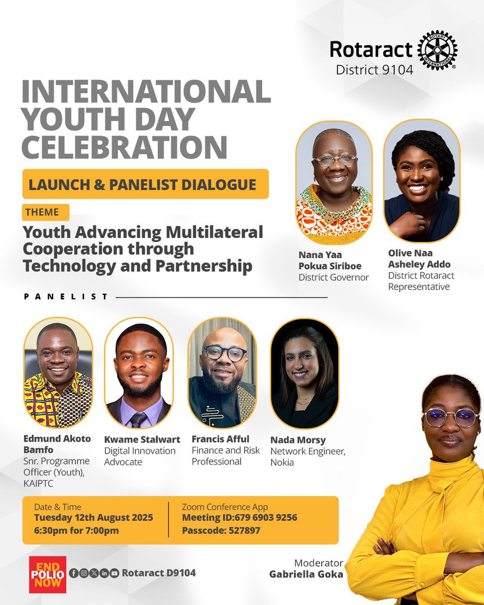 Join us for the #InternationalYouthDay celebrations with <a href="/rotaractd9104/">Rotaract D9104</a> .

In an age where technology has become the dominant tool, how can we utilize this effectively to promote cooperation and build the future we strive toward?

Gm to all young people! #IYD2025 🔥