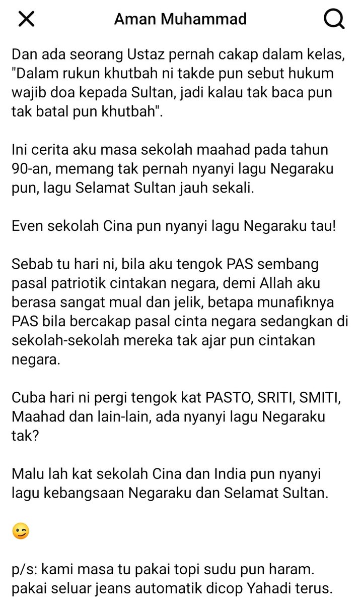 ZacZakirin13's tweet photo. Sebagai bekas pelajar Maahad Muhammadi Lelaki, PC, aku sahkan kami memang tak nyanyi lagu Negaraku dan lagu Kelantan.

Kalau bab politik, boleh kata majoriti anak muda menyokong PAS. Sokong UMNO ni dikira satu hal yg berdosa.

Itulah doktrin. https://t.co/Qygw61ByvH
