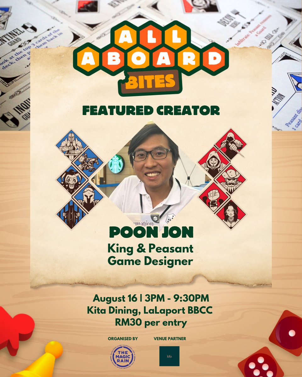 Give a warm welcome to our Featured Creator, Poon Jon of nPips Games! Get to know more about him and his game King &amp; Peasant at All Aboard Bites, happening this weekend!

Register now until 14th August: forms.gle/jB6W5T935fKfKe…