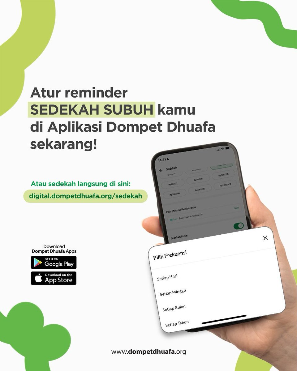dompetdhuafaorg's tweet photo. 2. Jangan lupa set reminder di aplikasi Dompet Dhuafa ya! Biar setiap pagi, transaksi kamu ikut โdipantauโ sama keberkahan๐๐
#SedekahSubuh #TopUpAmal #TransaksiBerkah #TransaksiDigital #TransaksiDipantauBI #DompetDhuafa https://t.co/gBIrIe8opN