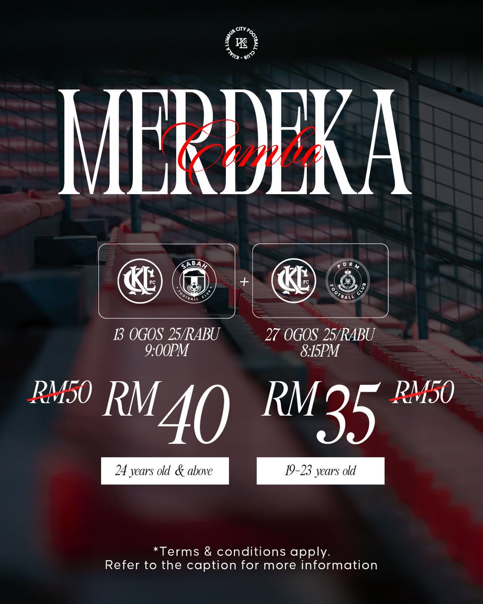 City Boys Merdeka Combo! 🇲🇾🇲🇾🇲🇾

1 harga = 2 home game? Siyes ke?

In conjunction with 68th Merdeka Day celebration get 2 home game tickets at RM40 instead of RM50! That's 20% savings for you!