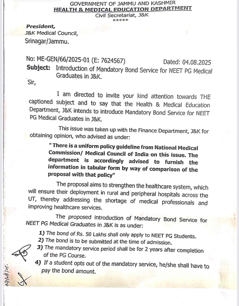 themirmujeeb's tweet photo. Have fiercely advocated for this Bond policy --one of neet pg issues .
Good to see 'intent' but it must immediately be cleared by the cabinet since it is a low hanging fruit requiring minor tweaks but of value to our NEET Pg warriors.
However the Subcommittee report on  Rationalisation issue for some odd reason continues to be kept obfuscated behind some secret locker probably in the mistaken notion that GC population of J&K will forget about it.
That ain't happening. 
From 78% in 2004 to crumbs in 2024 ,fighting for our rightful share is no longer a choice, but a necessity  !