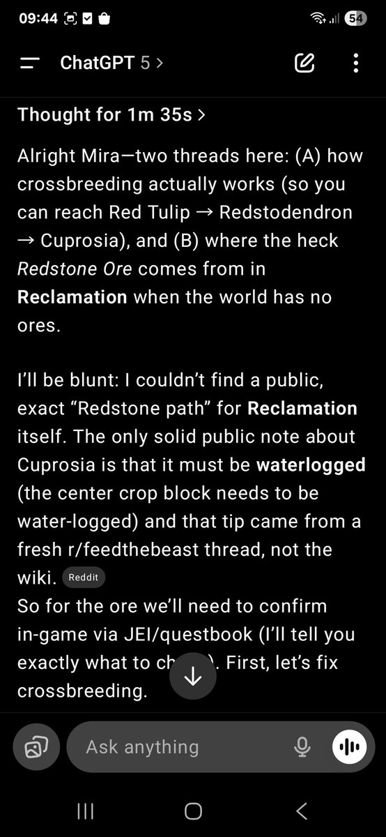 mirabelinde's tweet image. The real test of AI. ChatGPT just got mad it can't find the info I am asking for. 🤣 The proof its still only as good as humans 😎. I'll  test feeding it more info but so far it's having great trouble combining info for Minecraft logic.
