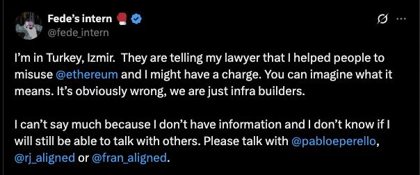 onchain_wire's tweet photo. ⚡️ NEW: Ethereum dev Fede's Intern has reportedly been detained in Turkey on claims of aiding “misuse” of the Ethereum network. They deny any wrongdoing and say they’re ready to fully cooperate with authorities.

#Ethereum #CryptoNews #Onchainwire https://t.co/qG2YZXrmxK
