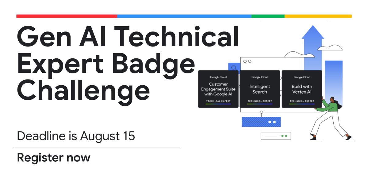 The clock is ticking! ⏳

You have until August 15 to conquer the Gen AI Technical Expert Badge Challenge. Don't miss your chance to earn badges plus Google swag.

Accept the challenge →goo.gle/45pzhDB
