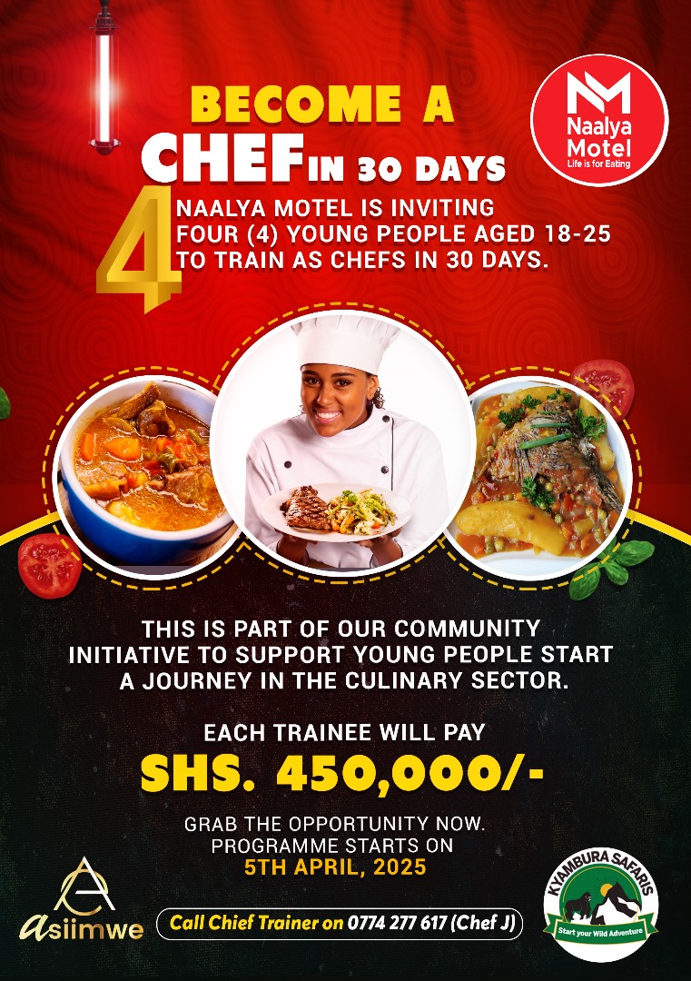 It is possible. Become a Chef of African (Ugandan) cuisines in under 30 days. Come to Naalya Motel and we give you the incredible skills you need for yourself, your home. Investment is 450K. Call Chef J now on 0774277617 or follow the Google Pin; maps.app.goo.gl/zujLk2C2i5CVcp…