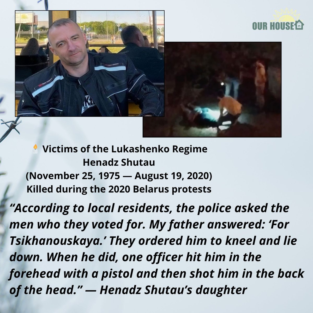 Five years ago today, 44-year-old Henadz Shutau was shot in the back of the head by a plainclothes soldier during protests in Brest. 

He died days later in a coma. 

Instead of prosecuting the killer, Belarusian courts blamed Shutau — posthumously. His friend got 10 years.