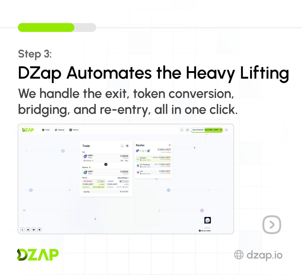 Dharamyt7's tweet photo. Why click 10 times when one is enough?
With DZap, just pick where your liquidity is and where you want it. DZap handles exiting, bridging, swapping, and re-entering all in one smooth step.
Simple, fast, and efficient. That’s DZap.
https://t.co/rVwRW6O5Rh
#DZap #Bridge #Swap https://t.co/fKanUYsfjP