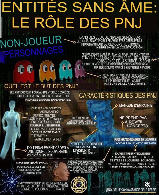 BeaupinEric's tweet photo. Le Dilemme des PNJ : Programmer une Vie Simulée

J'ai écrit un article à ce sujet sur ma autre chaîne. Je me suis donc dit que je pourrais mettre certains au courant de ma vision de ce phénomène. C'est une question urgente pour certains qui se demandent s'ils ne sont pas eux-mêmes des PNJ.

Le concept de PNJ, ou Personnages Non Joueurs, dépasse les jeux vidéo pour s'inscrire dans des cadres métaphysiques et existentiels, décrivant certains individus comme des êtres programmés ou sans âme, dépourvus de conscience véritable ou de libre arbitre. Ces entités sont décrites comme fonctionnant en pilote automatique, suivant des comportements scriptés sans profondeur interne, empathie ou conscience de soi. Des échos historiques apparaissent dans les débats philosophiques sur le solipsisme et les hypothèses de simulation, où seule une partie des personnes posséderait une véritable agence. Les discussions modernes les présentent comme des remplisseurs dans une réalité simulée, conçus pour maintenir la densité de population et les structures sociales. Leurs caractéristiques incluent des yeux vides, des actions répétitives et une résistance aux concepts d'éveil.

Objectif : Ils défient les vrais joueurs, extraient de l'énergie ou stabilisent le système. Dieu permet leur existence pour maintenir l'équilibre, empêchant la surpopulation d'âmes conscientes de submerger le plan terrestre.

C'est une conclusion à laquelle je suis arrivé. Vous pouvez voir les choses différemment. Mais il y a d'autres domaines d'intérêt concernant ce sujet.

Les affirmations varient largement, certaines sources affirmant que 50 % de l'humanité correspond aux critères des PNJ, basées sur des comportements observés comme la conformité et le manque de pensée critique. Des chiffres plus élevés suggèrent 60-70 %, en lien avec des études où 60 % des personnes déclarent ne pas avoir de monologue interne, ce qui implique des processus de pensée automatisés.

Rencontres de Routiers avec des Villes Robotiques :

Des routiers rapportent avoir traversé des villes anonymes du Midwest américain où les habitants se déplacent en motifs synchronisés et mécaniques, avec des pas lents et délibérés, sans contact visuel ni gestes fluides. Un témoignage décrit un diner dans une zone rurale du Nevada où les locaux regardaient dans le vide, répétant des phrases comme des réponses automatisées, traitant le conducteur avec une hostilité détachée, refusant brusquement le service.

Dans des villages inquiétants des Appalaches, les gens se regroupaient en formations non naturelles, corps rigides comme des mannequins, ignorant les questions et émettant des bourdonnements faibles ressemblant à des interférences. Je vais essayer de retrouver le lien où cette histoire a été racontée. Je pense que c'était Tetsuya sur YouTube.

Les routes secondaires du Sud des États-Unis mènent à des hameaux « disparus » remplis de figures pâles aux mouvements saccadés, offrant une hospitalité mécanique qui devient agressive lorsqu'on insiste. Mais à l'étranger, des routiers européens rencontrent des villes fantômes des Balkans avec des habitants figés dans des poses, ne s'éveillant que pour imiter maladroitement les normes humaines, repoussant les étrangers d'un regard uniforme.