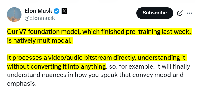 haider1's tweet photo. xAI team is unstoppable.

"Elon Musk says Grok 4.20 has completed pre-training"

it's natively multimodal, processing raw video/audio and detecting tone and emphasis.

i think Grok 4.20 is likely a new base model for Grok 5,

they wouldn't call a new model just 4.2, and post-training takes time