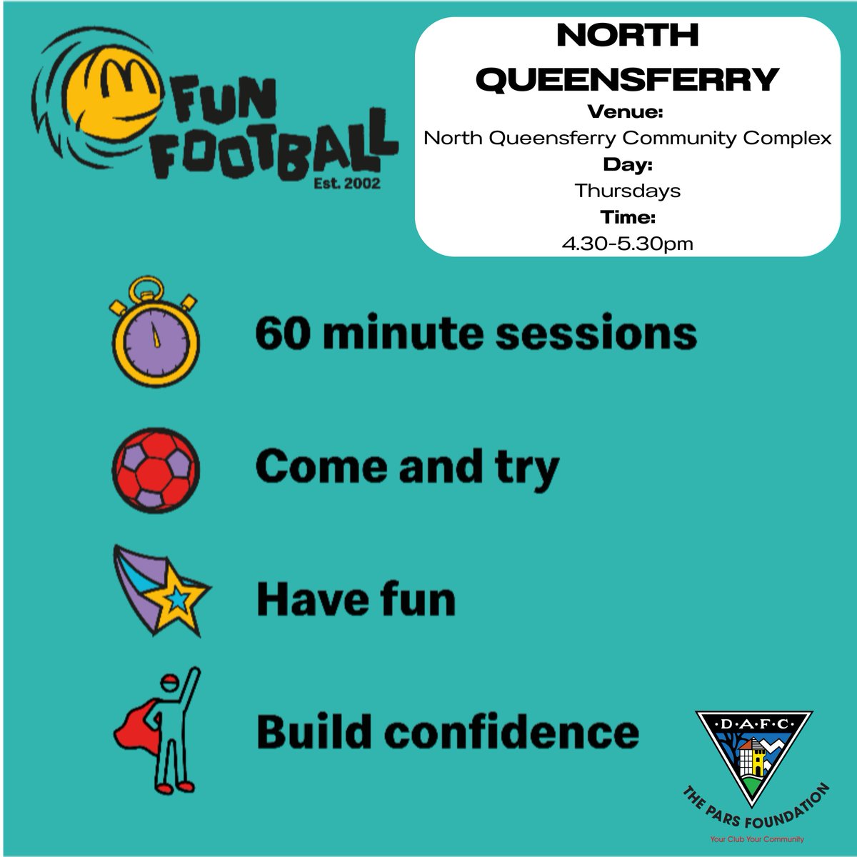 The PARS Foundation (@parsfoundation) on Twitter photo β½Fun Football in North Queensferry!β½
Looking for a fun way for your child to spend their Thursday afternoons? Open to all aged 5β12 years β no experience needed!
π
Thursdays (starting 28th August)
π 4:30β5:30pm
π· FREE for everyone aged 5β12
Book Now: the-pars-foundation.classforkids.io/info/3402 β½Fun Football in North Queensferry!β½
Looking for a fun way for your child to spend their Thursday afternoons? Open to all aged 5β12 years β no experience needed!
π
Thursdays (starting 28th August)
π 4:30β5:30pm
π· FREE for everyone aged 5β12
Book Now: the-pars-foundation.classforkids.io/info/3402