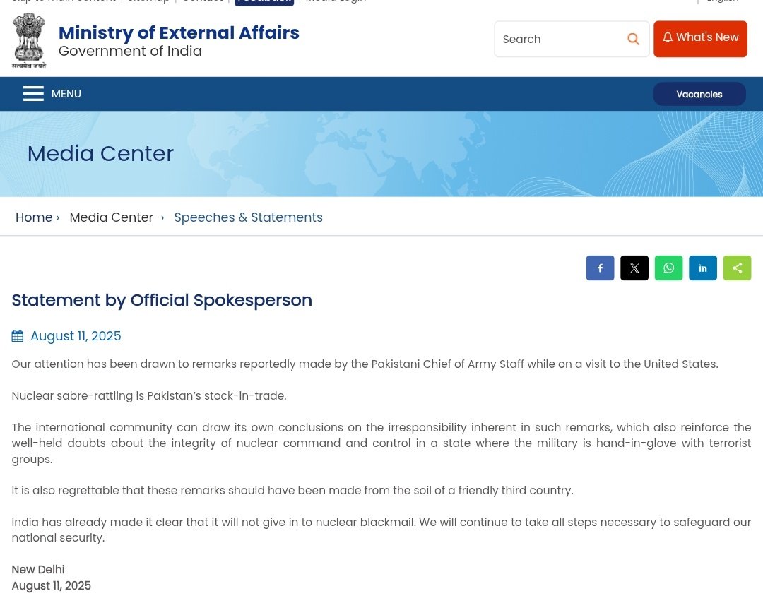 sidhant's tweet photo. "Regrettable that these remarks should have been made from the soil of a friendly third country",

India reacts to Munir's remarks: https://t.co/GVDggkeRvl