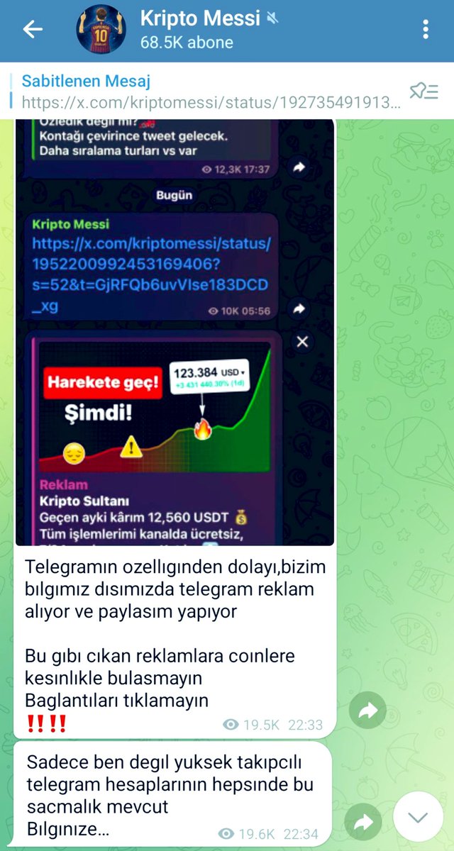 Kriptomessi's tweet photo. Benim gibi yüksek takipcili hesapların Telegram kanallarında,bu şekilde anlık,kanal sahibinin bilgisi olmadan,Telegram tarafından reklam alınıp paylaşılıyor ve bir süre sonra siliniyor.

Telegram premium üyesi olmayan kişilerin önüne çıkıyor  ve görüyor.

Teknik olarak bu reklamı kapatma seçeneği bulunmuyor.

Kişi de kanal sahibi paylaştı dişünerek linklere tıklayıp,tuzağa düşebiliyor.

Bu linklere tıklamayalım.‼️

Önemli bir konu❗️
