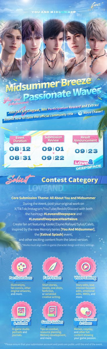 Love_Deepspace's tweet photo. Love and Deepspace | [Midsummer Breeze Passionate Waves] Fan Art Contest
In the blazing midsummer wind, the heartbeat drowns out the roar of the sea.

🏖Fan Art Contest [Midsummer Breeze, Passionate Waves] Starts Now!
🏖Join the Fan Art Contest and claim your participation reward — Wave Chaser, an exclusive limited-time community title!
More amazing rewards await!

■ Event Duration
💫Contest Duration: Aug. 12 - Aug. 31, 2025
💫Submission Review: Sept. 1 - Sept. 22, 2025
💫Result Announcement: Sept. 23, 2025

■ How to Participate
During the event, post your original work with both the hashtags #LoveandDeepspace and #LoveandDeepspaceHeartwave on X/TikTok/Instagram/YouTube/Reddit/Discord, and complete the submission form as required.
Submission Form: https://t.co/oVXn03ey4O
*Please ensure that your submission account and posts are public until the end of the event.

■ Submission Theme
Create fan art featuring Xavier/Zayne/Rafayel/Sylus/Caleb, inspired by the new Memory series [You And Midsummer], the [Estival Splash] event, and other exciting content from the latest version.
*Works must align with in-game character design and story settings.
┈┈┈┈┈▾View the picture for more info▾┈┈┈┈┈

👉 Follow us on Discord and claim your exclusive title in the designated channel during the event period.
That’s not all — lucky draws and other fun community events will also be happening there. Don’t miss out — join now!
🪐Official Discord: https://t.co/Ls99rYawNJ

#LoveandDeepspace #LoveandDeepspaceHeartwave