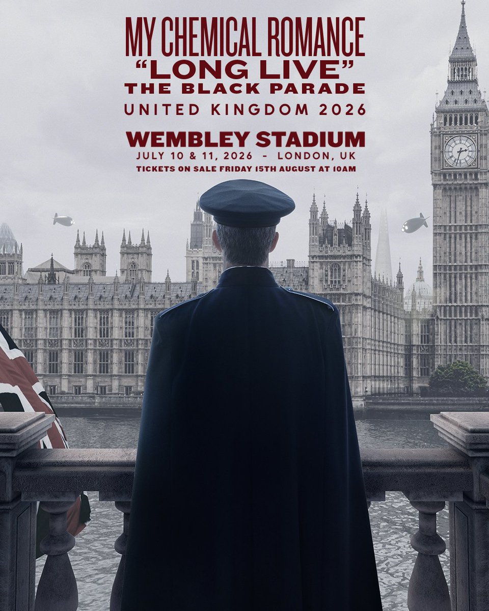 My Chemical Romance (<a href="/MCRofficial/">My Chemical Romance</a>) have just announced two major headline shows at <a href="/wembleystadium/">Wembley Stadium</a> on July 10th &amp; 11th 2026! 🖤 🥀

Tickets on sale this Friday at 10am via gigst.rs/MCR26