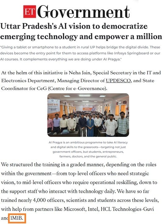 1M1B (@activate1m1b) on Twitter photo Glad to see #1M1B featured as a partner in this interview on <a href="/UPGovt/">Government of UP</a>’s flagship #AI skilling program #AIPragya with <a href="/nehajainias/">Neha Jain IAS</a>.
Through future-focused workshops, we’ve empowered 2,500+ youth with real-world AI skills, building a future-ready, inclusive workforce.
<a href="/CMOfficeUP/">CM Office, GoUP</a> Glad to see #1M1B featured as a partner in this interview on <a href="/UPGovt/">Government of UP</a>’s flagship #AI skilling program #AIPragya with <a href="/nehajainias/">Neha Jain IAS</a>.
Through future-focused workshops, we’ve empowered 2,500+ youth with real-world AI skills, building a future-ready, inclusive workforce.
<a href="/CMOfficeUP/">CM Office, GoUP</a>