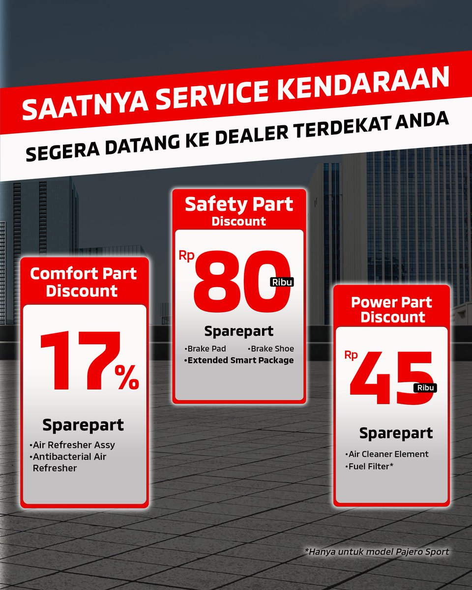 Merayakan kemerdekaan dengan perjalanan yang aman. 

Nikmati diskon hingga 17% dan penawaran khusus untuk sparepart pilihan.
Periode terbatas: 1 – 31 Agustus 2025.

Service teman sejalan Anda di bengkel resmi Mitsubishi Motors dan rasakan bedanya.
