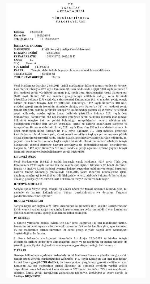 muhammet_tokali's tweet photo. Cezaevinde bulunan sanığa temyiz veya itirazı cezaevi aracılığıyla yapabileceği kararda izah edilmemişse, karar kesinleşse bile öğrenmeden itibaren temyiz veya istinaf edebilir
Hükümlü eşinin başvurusu kabul edilmiştir
Yargıtay https://t.co/81r0wpCeLF
2023/9514E, 2023/24981K👇