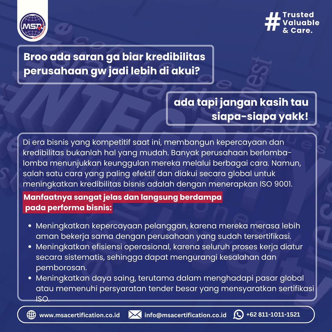 msacert_id's tweet photo. 🚨 Bisnismu sudah kredibel?
Jangan sampai dicap asal-asalan! Tingkatkan reputasi bisnis dengan ISO 9001:2015 dari MSA Certification!
✅ Bisnis lebih dipercaya
✅ Proses kerja tertata
✅ Siap bersaing di pasar global!

📲 Klik link di bio dan jadwalkan sertifikasimu!
#ISO9001 https://t.co/ihdEeHUVQT
