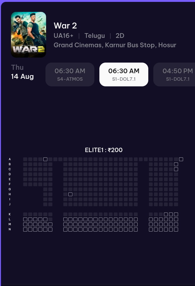 trivikramraj143's tweet photo. Hosur,TN 6:30am 2 shows almost fulls 2 extra 5:30am shows added bookings 👌👌
#War2
#War2Bookings https://t.co/OGgREnosiD