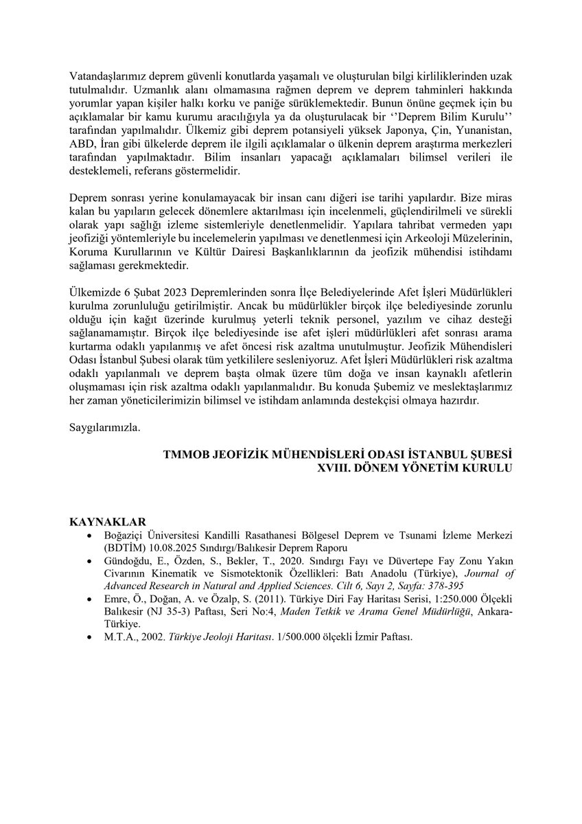 İSTANBUL’DA HİSSEDİLEN BALIKESİR SINDIRGI MERKEZLİ MW: 6,1 DEPREMİ HAKKINDA BİLGİ NOTU