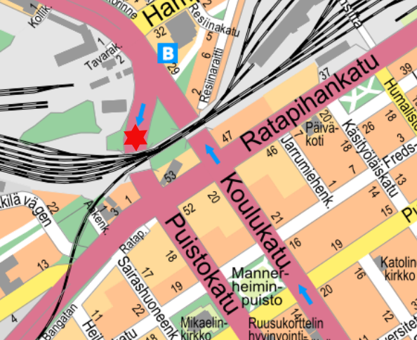 Liikenneonnettomuus Puistokadulla välillä Köydenpunojankatu - Ratapihankatu. Liikenne kulkee yhtä kaistaa pitkin. #turku #liikenne