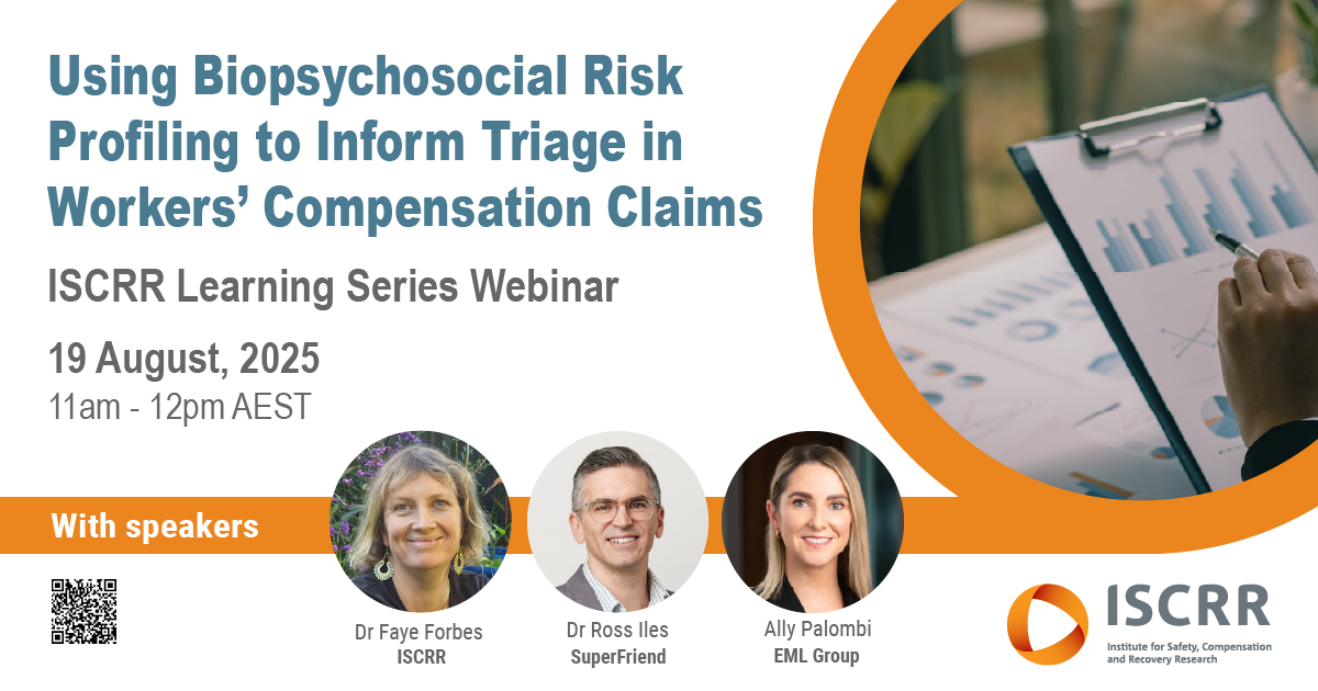 ISCRR (@iscrr) on Twitter photo 📣It's one week until our next ISCRR Learning Series #webinar!
Join us for a discussion on #biopsychosocial risk triage in workers’ #compensation claims with insights from <a href="/SuperFriendMHF/">SuperFriend</a> & EML Group.
🗓️ 19 August 2025, 11am AEST
🔗trybooking.com/DDQSR 📣It's one week until our next ISCRR Learning Series #webinar!
Join us for a discussion on #biopsychosocial risk triage in workers’ #compensation claims with insights from <a href="/SuperFriendMHF/">SuperFriend</a> & EML Group.
🗓️ 19 August 2025, 11am AEST
🔗trybooking.com/DDQSR