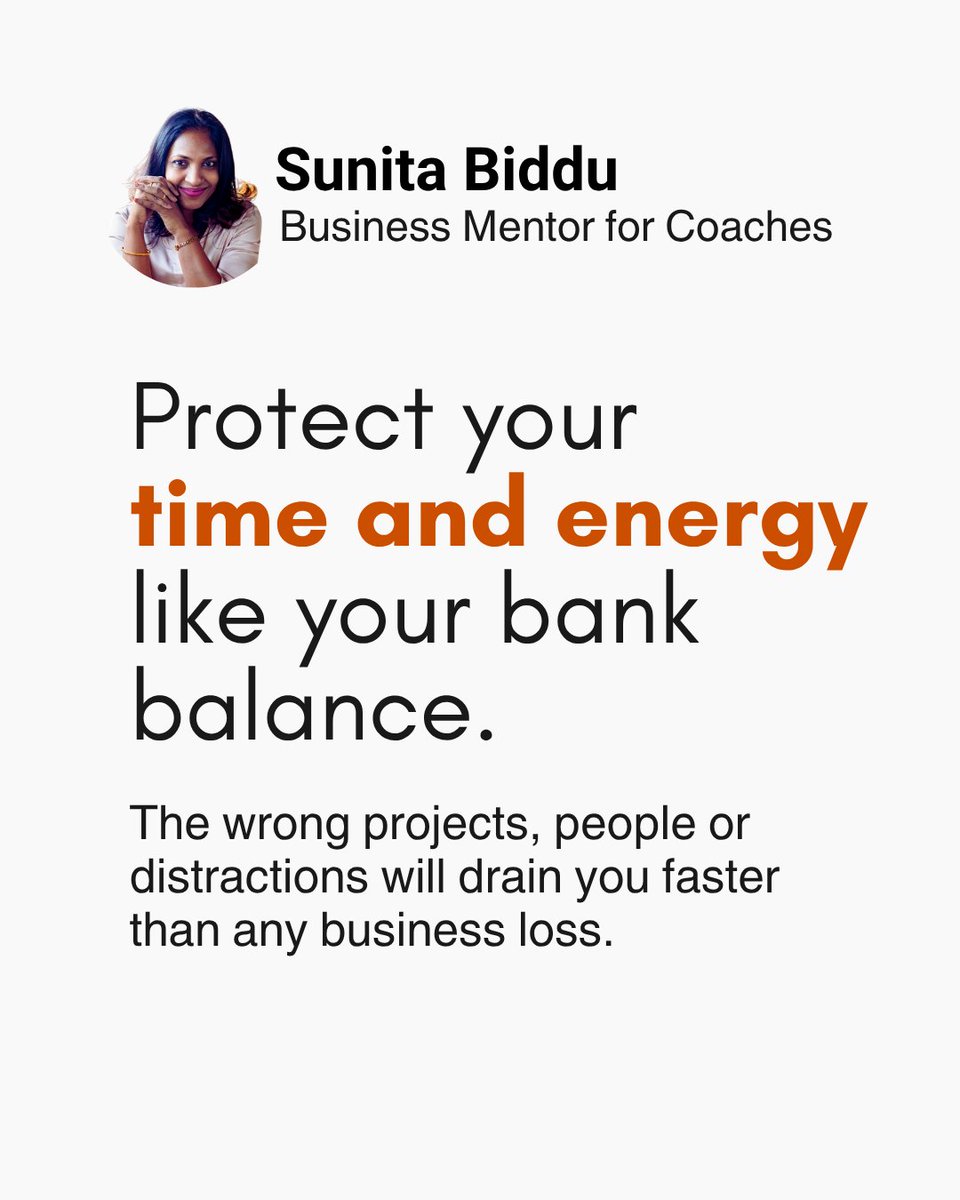 SunitaBiddu's tweet photo. Most entrepreneurs guard their money.
Few guard their time &amp; energy; the real currencies of success.

Guard your calendar like your vault.
Filter every yes.
Block distraction-free time slots for your most important work.

Every yes &amp; no either costs or protects your time &amp; energy https://t.co/bnBb2n5VrF