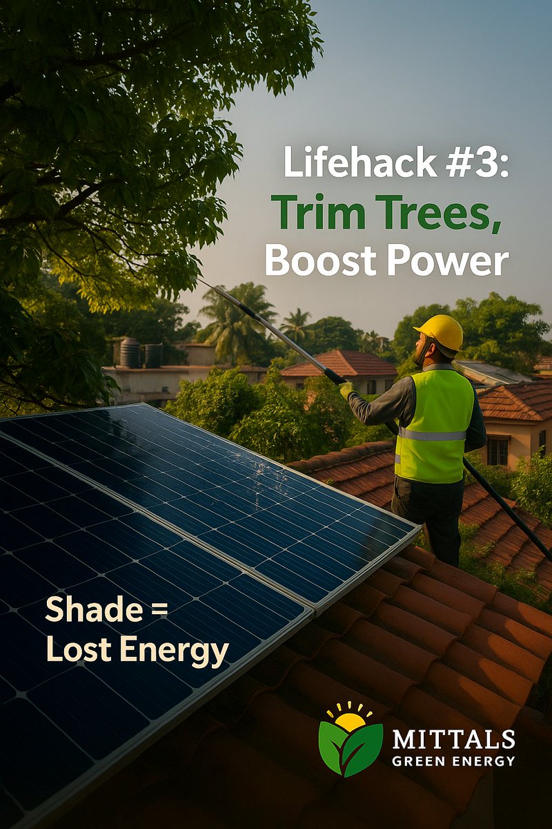 mittalsgreen's tweet image. 3 zero-cost solar habits = free extra units every month:
⚡ Set usage alerts
🧽 Clean panels
✂️ Trim shade
Small changes. Big savings. 🌞
#SolarSavings #MittalsGreenEnergy #CleanEnergyTips