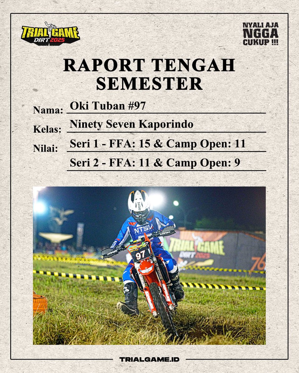 Perjalanan <a href="/afifoktavian/">Xv.Ao</a>  hingga pertengahan musim 2025  💪

Ngga mudah untuk taklukkan lintasan 76 Trial Game Dirt. Namun bagi #97, progress baik harus hadir di setiap serinya agar bisa terus berjuang lewati 10 besar💨

Info lengkap klik trialgame.id

#TrialGameID