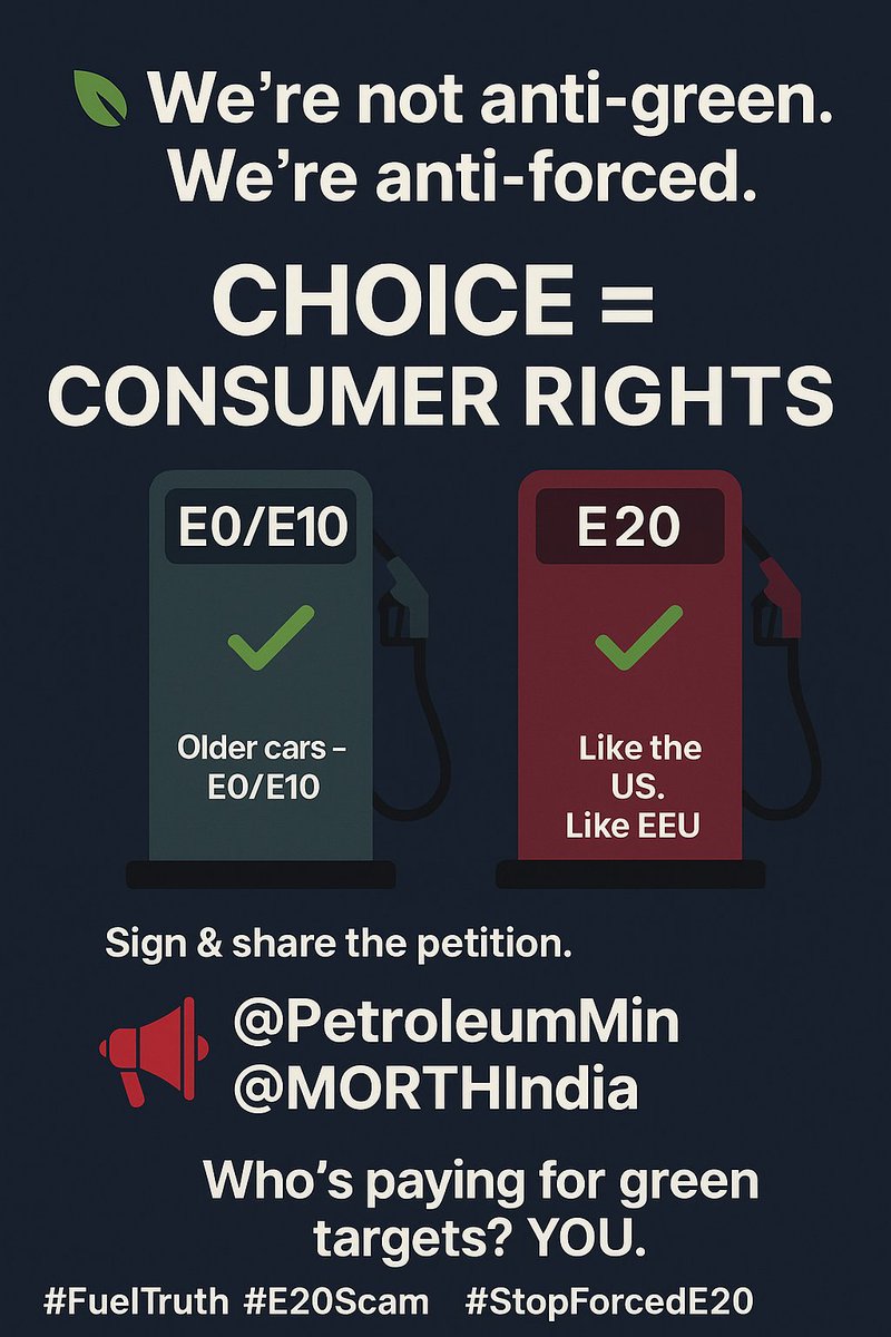Akshay's tweet image. Not anti-green. Anti-forced.
Older cars need E0/E10
New models can use E20, like the US/EU: choice + clear labels. 
India deserves the same.
Tag @PetroleumMin @MORTHIndia to restore choice.
#FuelTruth #E20Scam #StopForcedE20 
RT to spread the word.