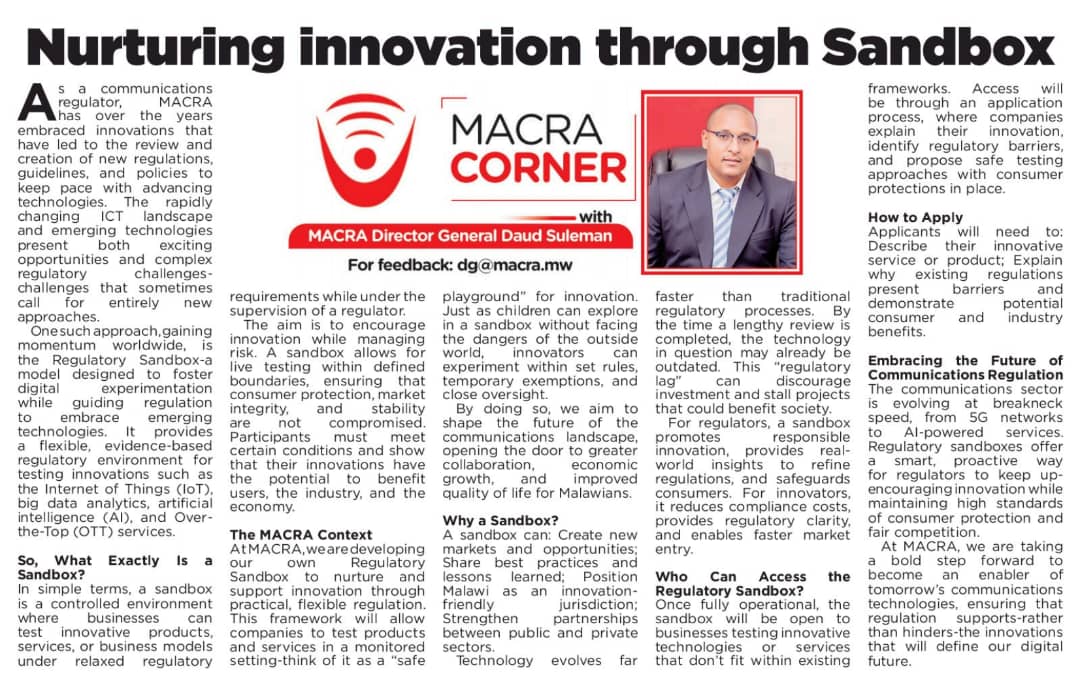 MACRAMALAWI's tweet photo. MACRA is developing a Regulatory Sandbox to support innovation in the communications sector by allowing companies to safely test new products, services, and technologies under regulatory guidance. This initiative will help identify barriers, encourage collaboration, and ensure https://t.co/odI38OdI3X