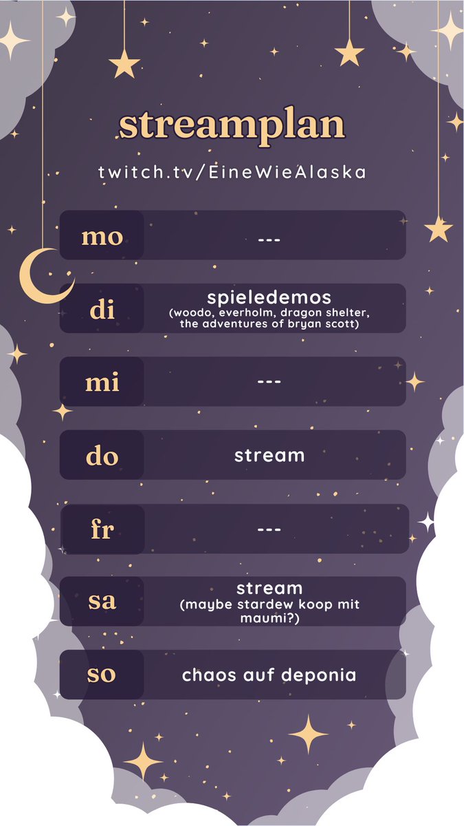 Streamplan-Schmeamplan !✨

Wir schauen uns diese Woche mal wieder ein paar Spieledemos an, stürzen uns vielleicht wieder ins Getümmel auf die Stardew Farm und müssen noch romantisches Date mit Lady Goal im Chez Schlumpi organisieren.🥰
Viel zu tun die Woche ! Das wird wild !✨