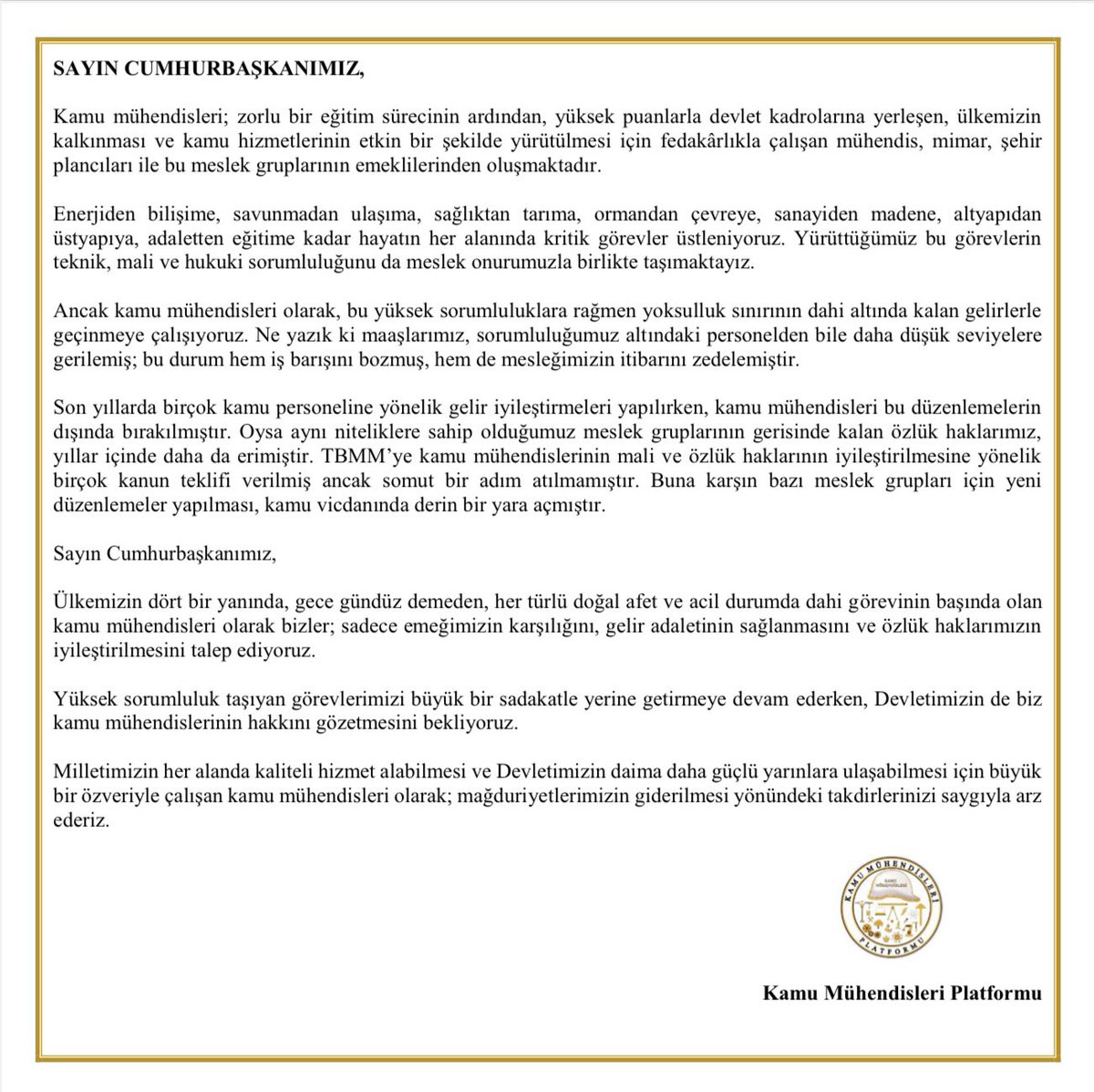 Kamu Mühendisleri Platformu (@kamuhendisleri) on Twitter photo Sayın Cumhurbaşkanımız,
<a href="/RTErdogan/">Recep Tayyip Erdoğan</a>
<a href="/dbdevletbahceli/">Devlet Bahçeli</a>
<a href="/Akparti/">AK Parti</a>
<a href="/MHP_Bilgi/">MHP</a>
<a href="/_cevdetyilmaz/">Cevdet Yılmaz</a>
<a href="/avabdullahguler/">Abdullah Güler</a>
<a href="/mustafaelitas/">Mustafa Elitaş</a>
<a href="/efkanala/">Efkan Âlâ</a>
<a href="/iletisim/">T.C. İletişim Başkanlığı</a>
<a href="/burhanduran/">Burhanettin Duran</a>
<a href="/memetsimsek/">Mehmet Simsek</a>
<a href="/isikhanvedat/">Prof. Dr. Vedat Işıkhan</a>
<a href="/murat_kurum/">Murat KURUM</a>
<a href="/a_uraloglu/">Abdulkadir URALOĞLU</a>
<a href="/mfatihkacir/">Mehmet Fatih KACIR</a>
<a href="/ibrahimyumakli/">İbrahim Yumaklı</a>
<a href="/belginuygur10/">Belgin Uygur 🇹🇷</a>
<a href="/sevilay_tuncerr/">Sevilay TUNCER</a> Sayın Cumhurbaşkanımız,
<a href="/RTErdogan/">Recep Tayyip Erdoğan</a>
<a href="/dbdevletbahceli/">Devlet Bahçeli</a>
<a href="/Akparti/">AK Parti</a>
<a href="/MHP_Bilgi/">MHP</a>
<a href="/_cevdetyilmaz/">Cevdet Yılmaz</a>
<a href="/avabdullahguler/">Abdullah Güler</a>
<a href="/mustafaelitas/">Mustafa Elitaş</a>
<a href="/efkanala/">Efkan Âlâ</a>
<a href="/iletisim/">T.C. İletişim Başkanlığı</a>
<a href="/burhanduran/">Burhanettin Duran</a>
<a href="/memetsimsek/">Mehmet Simsek</a>
<a href="/isikhanvedat/">Prof. Dr. Vedat Işıkhan</a>
<a href="/murat_kurum/">Murat KURUM</a>
<a href="/a_uraloglu/">Abdulkadir URALOĞLU</a>
<a href="/mfatihkacir/">Mehmet Fatih KACIR</a>
<a href="/ibrahimyumakli/">İbrahim Yumaklı</a>
<a href="/belginuygur10/">Belgin Uygur 🇹🇷</a>
<a href="/sevilay_tuncerr/">Sevilay TUNCER</a>