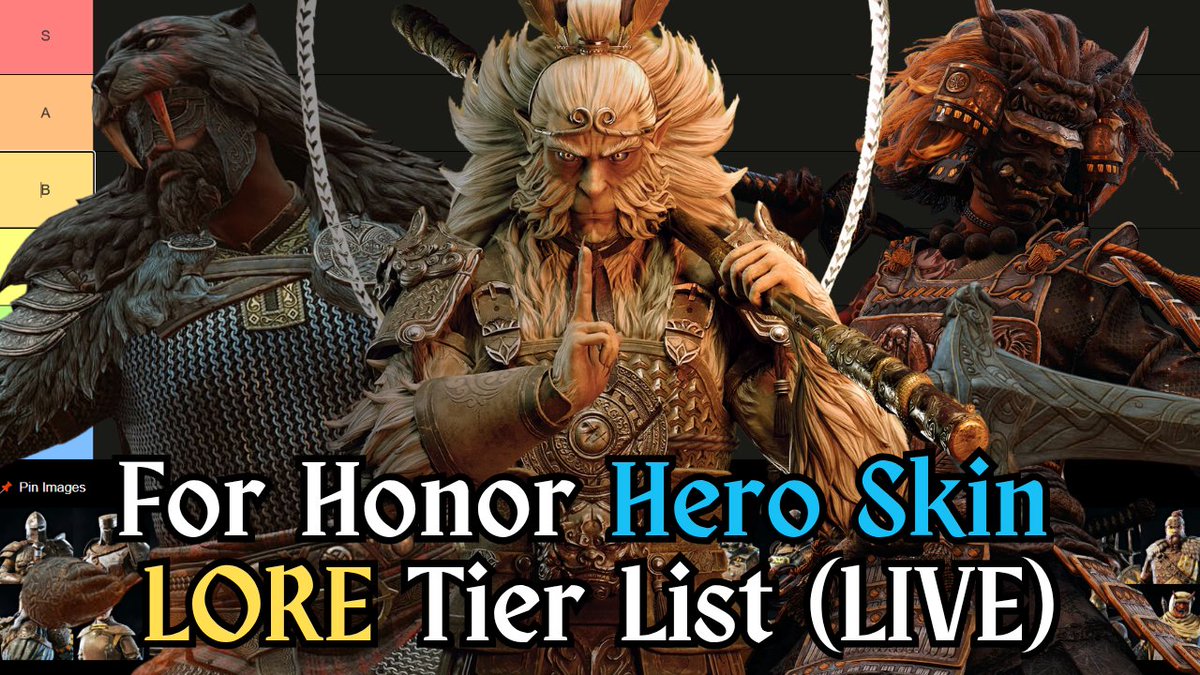 Tomorrow, I will be doing a Tier List LIVE on the lore for the hero skins of For Honor up to this point!
Super excited for it.