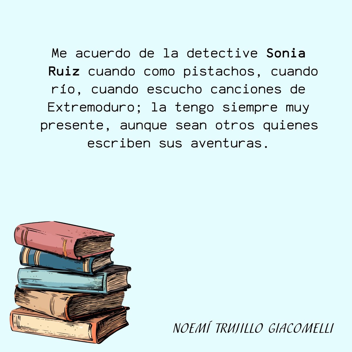NOEMÍ TRUJILLO (@noemitrujillo) on Twitter photo Sobre la serie de libros de la detective Sonia Ruiz <a href="/menoscuarto_ed/">Menoscuarto</a> <a href="/VilaSilva/">Lorenzo Silva</a> <a href="/EstebanNavarroS/">Esteban Navarro Soriano</a> <a href="/AndreuM49/">andreu Martín</a> <a href="/claudiocerdan/">Claudio Cerdán</a> <a href="/NoemiTrujillo/">NOEMÍ TRUJILLO</a>
<a href="/GraziellaMore/">Graziella Moreno</a> <a href="/shernandezbarna/">susana hernandez</a> <a href="/GuerreroRafael_/">Rafael Guerrero</a>
<a href="/AParraSanz/">Antonio Parra Sanz</a> Sobre la serie de libros de la detective Sonia Ruiz <a href="/menoscuarto_ed/">Menoscuarto</a> <a href="/VilaSilva/">Lorenzo Silva</a> <a href="/EstebanNavarroS/">Esteban Navarro Soriano</a> <a href="/AndreuM49/">andreu Martín</a> <a href="/claudiocerdan/">Claudio Cerdán</a> <a href="/NoemiTrujillo/">NOEMÍ TRUJILLO</a>
<a href="/GraziellaMore/">Graziella Moreno</a> <a href="/shernandezbarna/">susana hernandez</a> <a href="/GuerreroRafael_/">Rafael Guerrero</a>
<a href="/AParraSanz/">Antonio Parra Sanz</a>