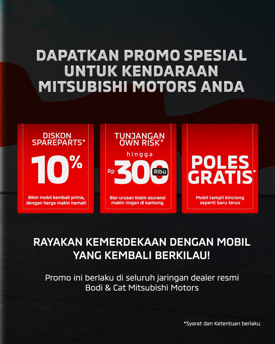 Kilau Merdeka, untuk keluarga Indonesia! 

Promo spesial hadir dengan diskon sparepart hingga 10%, tunjangan asuransi hingga 300rb, plus tambahan poles gratis agar teman sejalan Anda semakin berkilau di hari kemerdekaan ini! 

Periode terbatas: 1 - 31 Agustus 2025

Jangan sampai