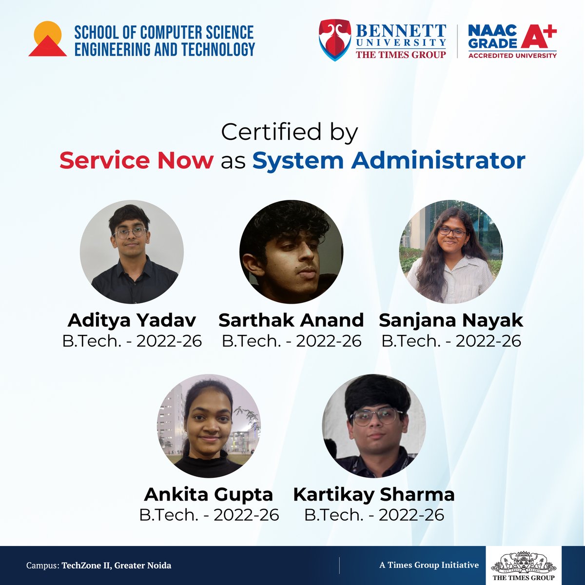 SCSETBennett's tweet photo. Congratulations to https://t.co/TPuD10kg2T #Scsetbennett students of Batch 2022-26 for successfully achieving certification as a System Administrator by ServiceNow. 

#bennettuniversity #BUAchievers #Bennettians #eccouncil #industryready #CAD #SystemAdministrartor #ServiceNow https://t.co/RNopM02RzE
