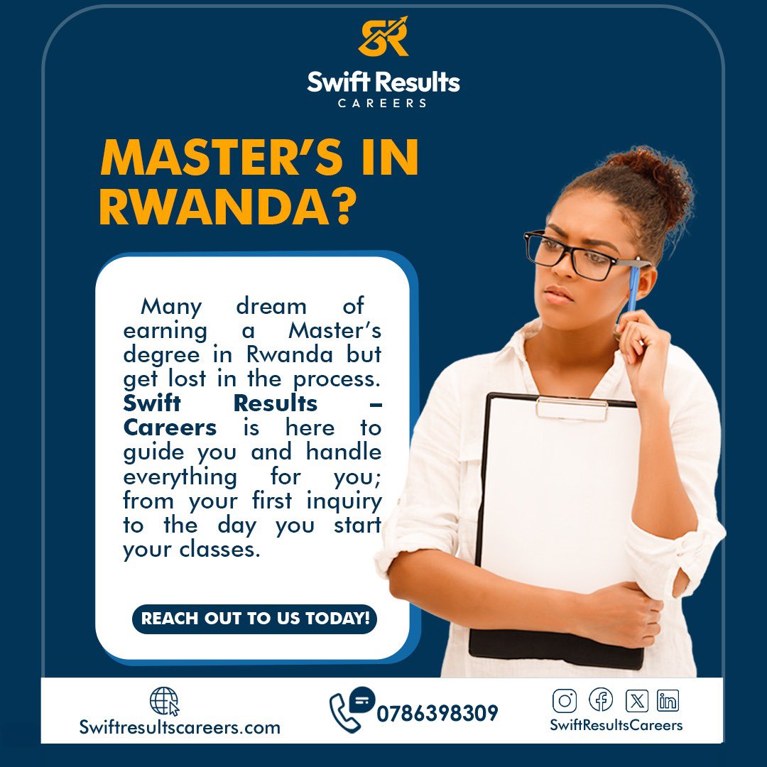 swiftresults_rw's tweet image. 🎓 Master’s in Rwanda? We guide you &amp;amp; do everything for you; from your first inquiry to your first day on campus. Let’s make it happen! 

📞 +250 786398309

#StudyInRwanda #MastersDegree #SwiftResultsCareers