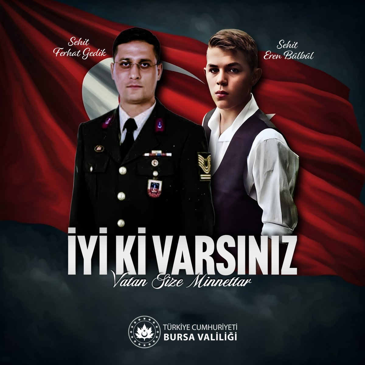 Şehadetlerinin 8. yıl dönümünde kahraman şehitlerimiz Jandarma Astsubay Kıdemli Başçavuş Ferhat Gedik ve Eren Bülbül’ü rahmet ve minnetle anıyoruz.

Ruhları şad, mekanları cennet olsun.

🇹🇷 #İyiKiVarsınFerhat 
🇹🇷 #İyiKiVarsınEren