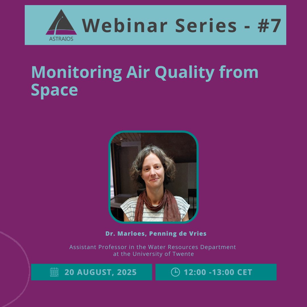 🌍 ASTRAIOS Webinar #7 – Monitoring Air Quality from Space Air pollution: the 'silent killer’ affecting millions.
📅 20 Aug | 12:00–13:00 CET
Speaker: Dr. Marloes Penning de Vries
🔗 Register: events.teams.microsoft.com/event/5862d8bc…
#ASTRAIOS #HorizonEurope #Hadea #AirQuality <a href="/EU_HaDEA/">HaDEA</a>