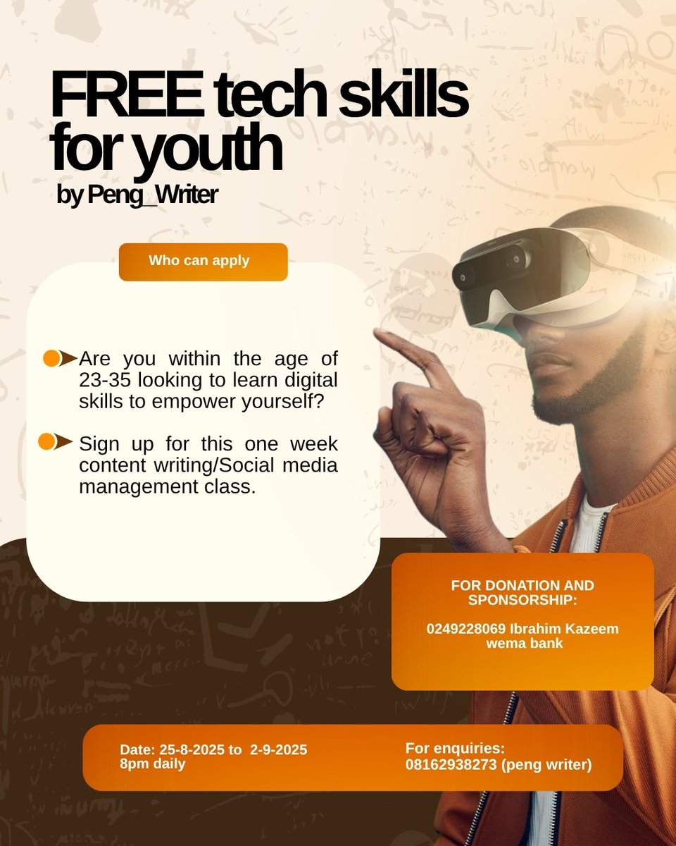 Peng is organizing a FREE class for youths to learn digital skills like content writing, SMM, and GMB profile setup.

We are lagging behind here on our goal to teach 30 young serious people these skills.

Have you donated?

Donate here: Kazeem Ibrahim 0249228069 WEMA. 

RT pls!