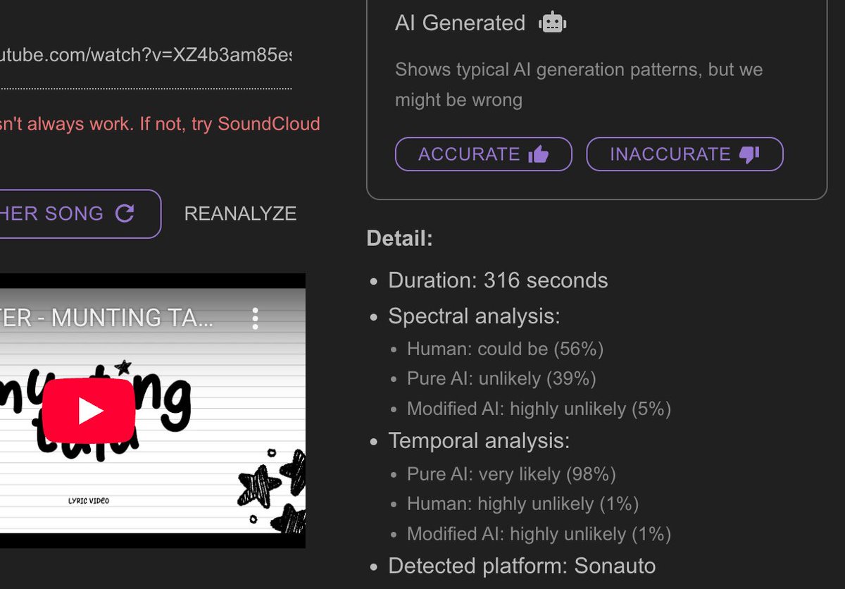 MusicTrust_PH's tweet photo. 3rd-party detector flagged as Udio/Sonauto. Corroboration, not proof. Aligns with the audio evidence above. https://t.co/kLkBCR7w9c