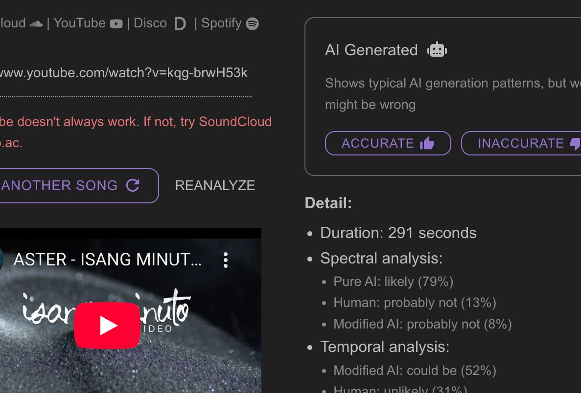 MusicTrust_PH's tweet photo. 3rd-party detector flagged as Udio/Sonauto. Corroboration, not proof. Aligns with the audio evidence above. https://t.co/kLkBCR7w9c