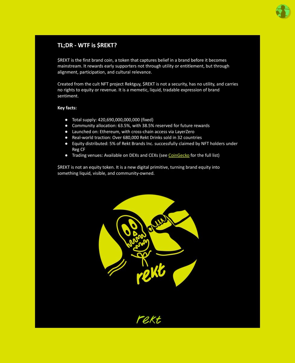 🧵 thread covering everything about $REKT

first of all, thank you to <a href="/osf_rekt/">OSF</a> ( founder of REKT ) he is very supportive

let's start 👇

1/ WTF is $REKT ?
rekt is crypto first "brand coin" a token that lets you bet on the cultural power of a brand before it goes mainstream

2/