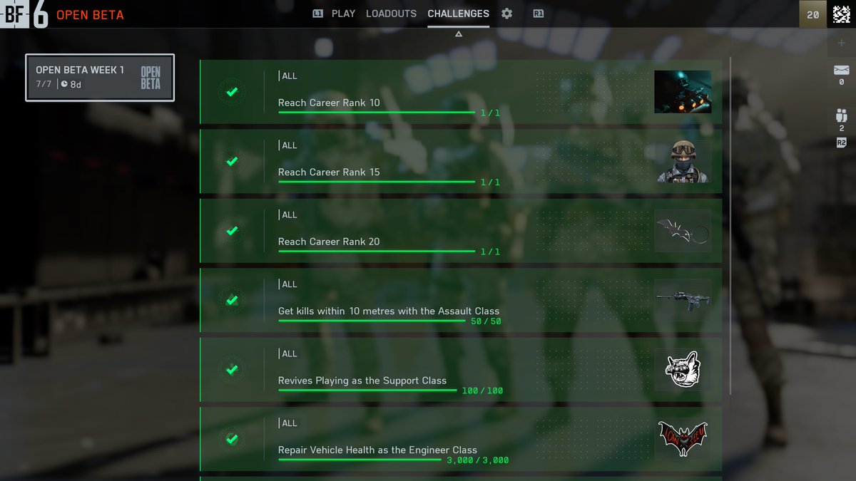 TruDanga's tweet photo. Week 1 Challenges done. Looking forward to #BattleField6 Beta weekend 2! https://t.co/7hMSPIwVok