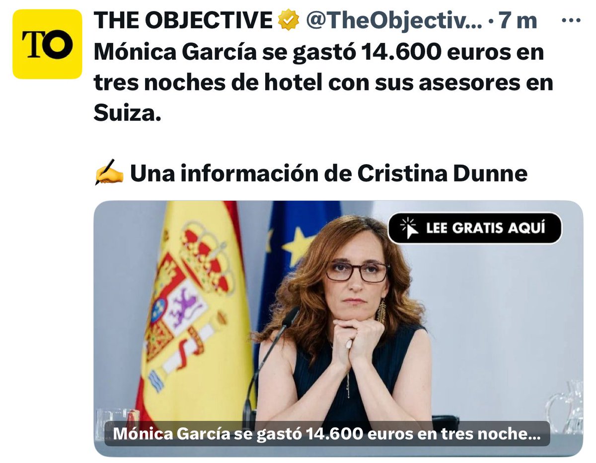 Cuentan que Mónica García, “Menestre” de no sabemos a qué se dedica, se gastó 14.600 euros en tres noches de hotel con sus asesores en Suiza. 
Otra de los mejunjes de Sumar/Podemes/Más Caraduras. Hay que ver lo que les gusta gastar a estos cuando pagan los españoles, no?