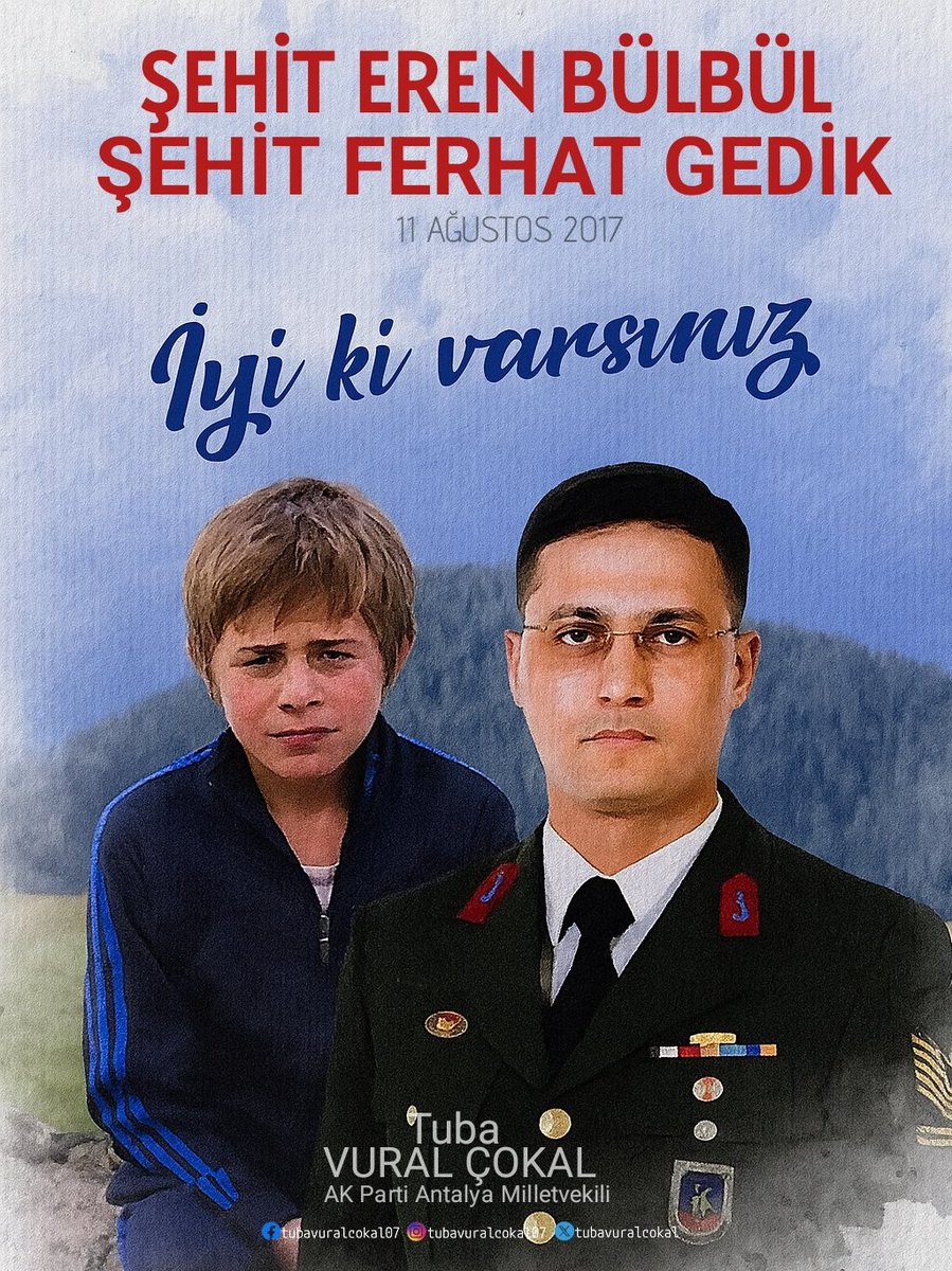 Kendinden çok daha büyük bir cesaretle henüz 15 yaşında vatan nöbetinde olan #ErenBülbül evladımızı ve ona canıyla siper olan #FerhatGedik Astsubay’ımızı, şehâdetlerinin yıl dönümünde rahmetle ve minnetle anıyorum.

Onların adları, milletimizin vicdanında, yüreklerinde ve bu